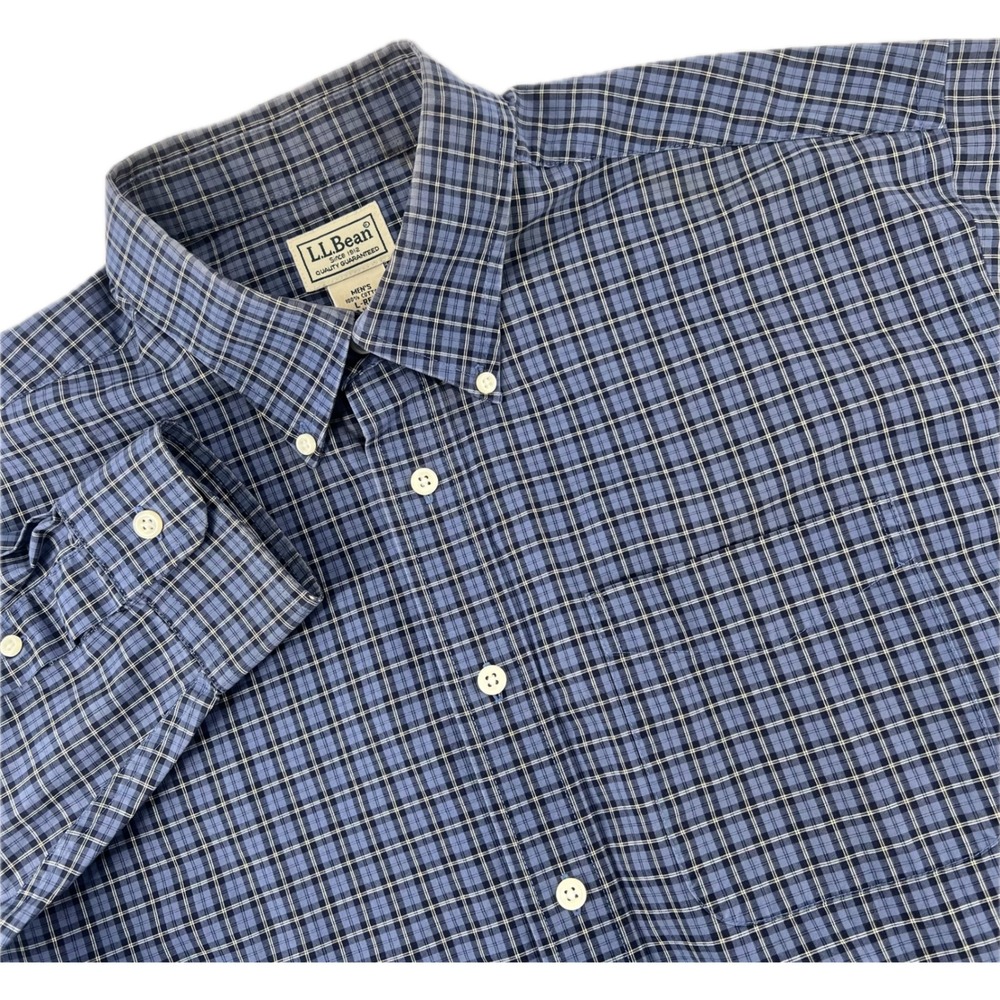 LL Bean Wrinkle Resistant Large Blue Plaid Cotton Button Down Long Sleeve Shirt